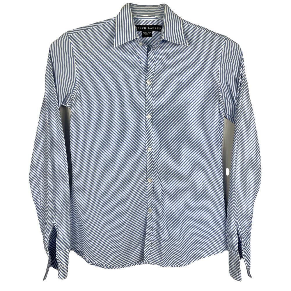 Ralph Lauren Black Label Shirt Top Women Sz 6 Blue Striped French Cuff Classic